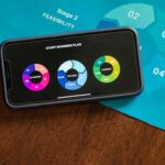 Close-up of a smartphone showing business plan charts on a wooden table with feasibility stage graphic.